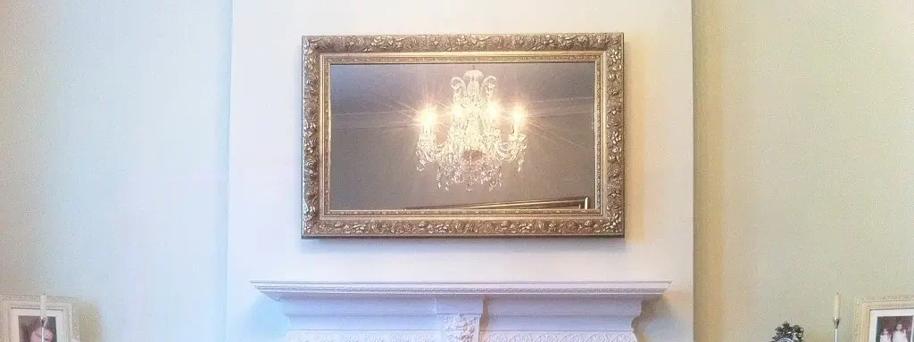 Tv hidden behind a mirror in a antique frame installation