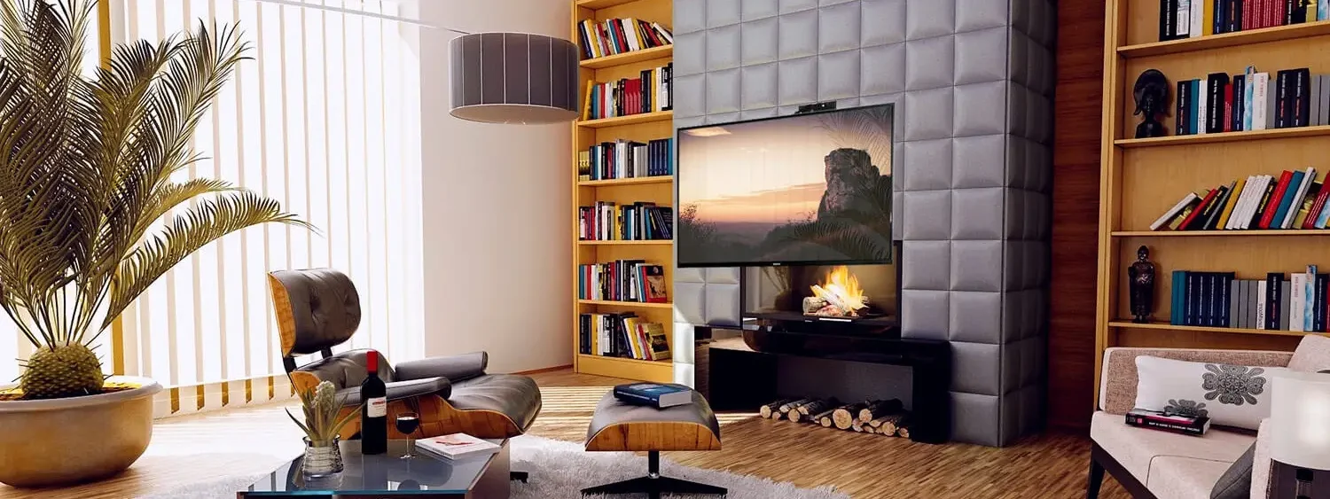 picture of a tv wall mounted above a fire with a motorised tv wall mount