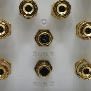 two subwoofer rca sockets on a dolby atmos 5.2.2 or 5.1.2 speaker wall plate
