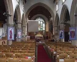 traditional church with a projector screen and church av installation 