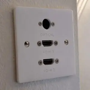 two hdmi sockets with an optical connection on a single gang wall plate