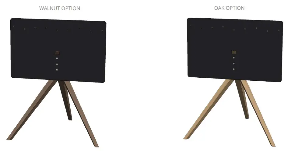 example of the oak and walnut finish on the tripod legs of the future automation easel tv stand 