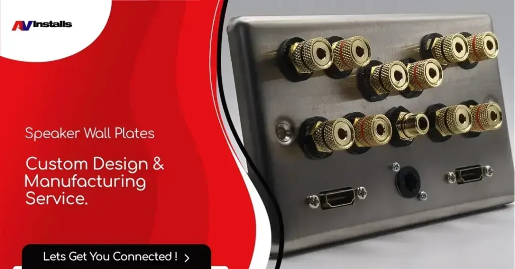 custom-speaker-wall-plates-slide-15 custom speaker wall plate in brushed chrome with 5.1 speakers, X2 HDMI, and X1 Optical audio sockets