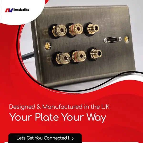 custom brass av wall plate with dual speakers, twin subwoofer sockets and a hdmi connection