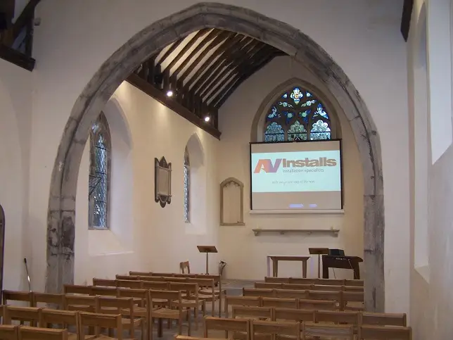 church audio visual installation with projector and screen