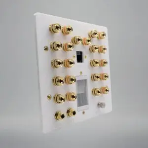 frosted matt white 7.2.4 dolby atmos speaker plate with cat6 a ground post and brushed cable outlet