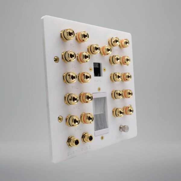 matt-white-7.2.4-dolby-atmos-with-cat6-brushed-outlet-ground-post frosted matt white 7.2.4 dolby atmos speaker plate with cat6 a ground post and brushed cable outlet