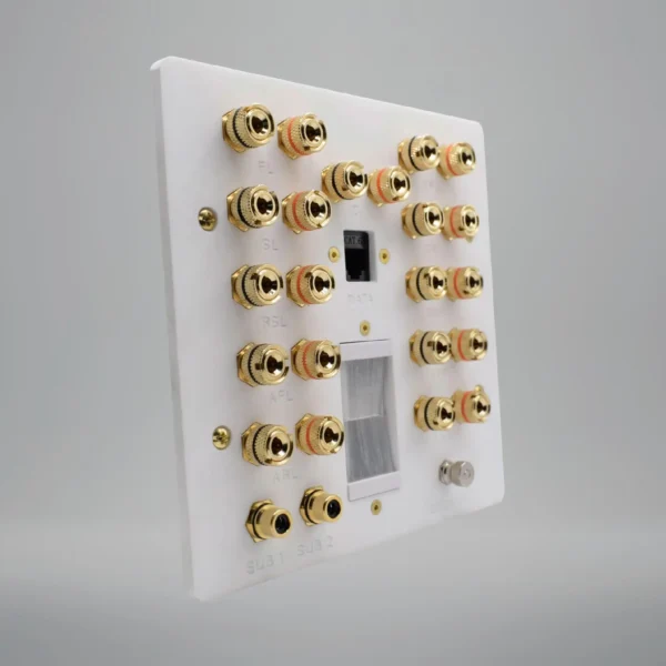 frosted matt white 7.2.4 dolby atmos speaker plate with cat6 a ground post and brushed cable outlet
