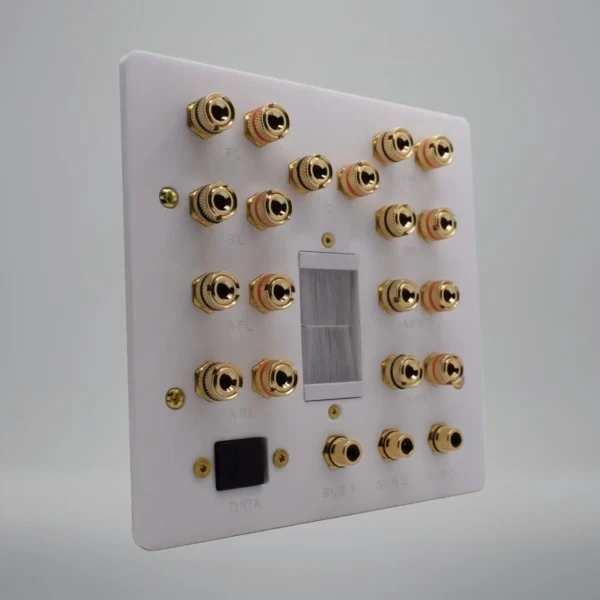 custom av wall plate atmos 5.1.4 with 3 subwoofer sockets a 25mm brushed cable outlet and a single cat6 network