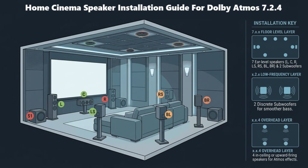Home cinema installation Dolby Atmos 7.2.4