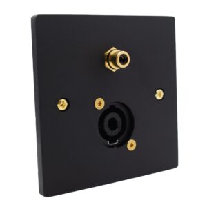 matt black wall plate with a speakon and rca connector