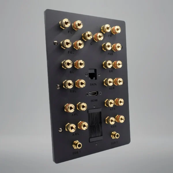 custom 9.2.4 speaker plate with hdmi, cat6 and a brushed cable outlet